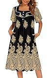 Ekouaer House Dresses for Women with Pockets Moo Moo Nightgown Short Sleeve Mumu Dress Lounge Dress Black Gold,XL
