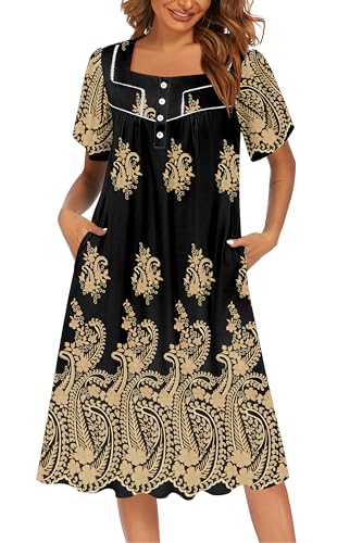 Image of Ekouaer Women's House Dress with Pocket Button Mumus | Short Sleeve Nightgown, Floral Print Mumu Dresses, Square Casual Sleepwear, Boho Roomy Housecoat, Plus Size Soft Sleepwear