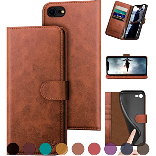 DuckSky for iPhone 7/8/SE 2020/SE 2022 Genuine Leather Wallet case?RFID Blocking??4 Credit Card Holder??Real Leather?Flip Folio Book Phone case Protective Cover Women Men for apple7/8 case Light Brown