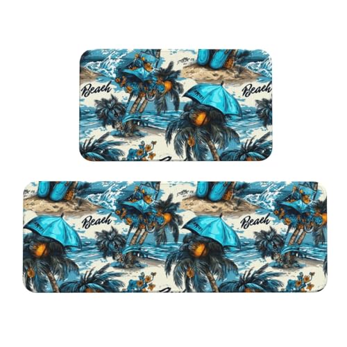 GVYGVY Antifatigue Kitchen Mats for Floor 2 Piece - Hawaii Blue Beach Print Kitchen Rugs Washable, Non Slip Runner Rug Standing Mat for Office/Bathroom/Laundry/Home Decor and Accessories