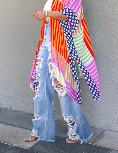 Women's Trend Distressed Ripped Jeans High Waisted Cutout Straight Baggy Wide Leg Denim Pants Plus Size Long Pants4