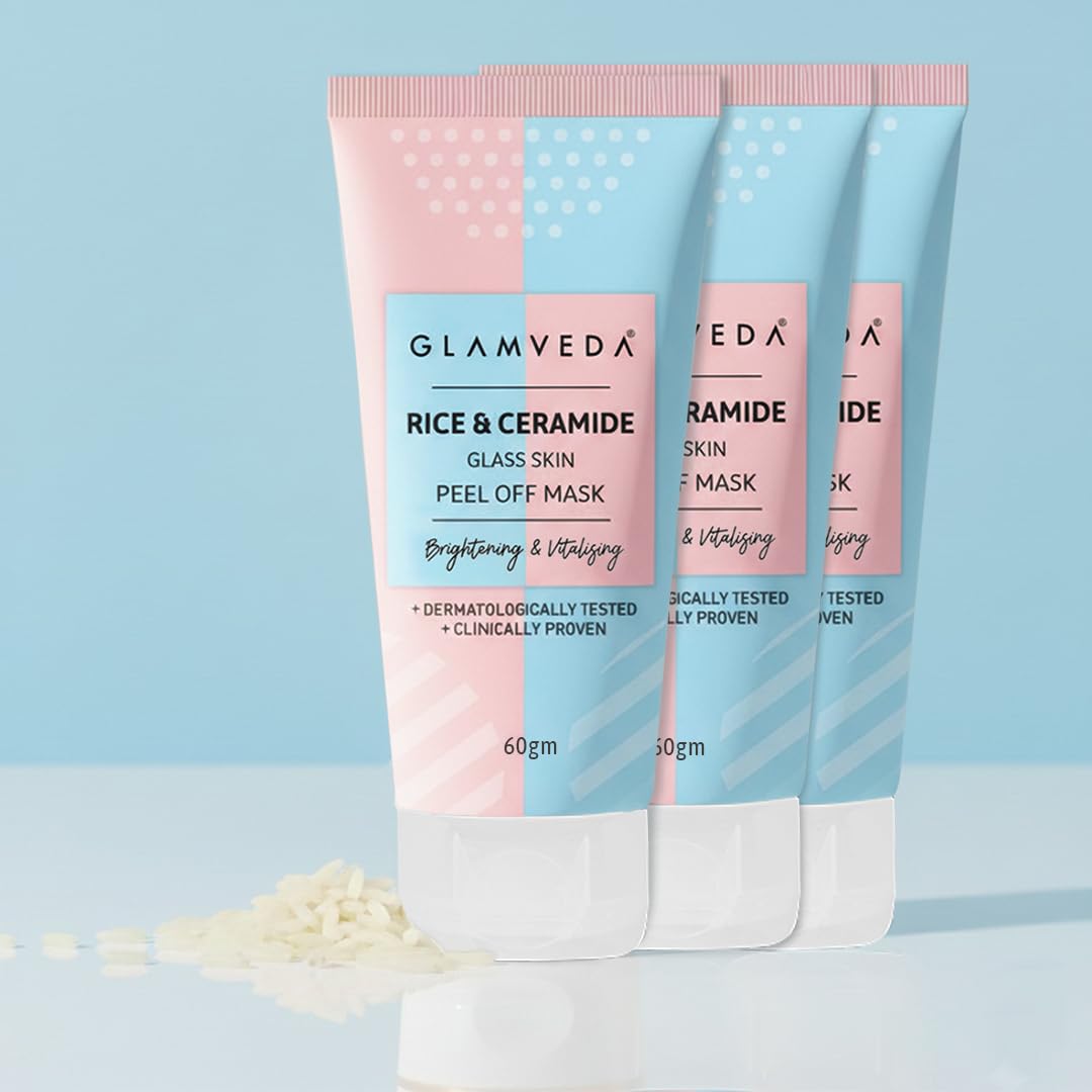 Glamveda Rice & Ceramide Peel-Off Mask (Pack Of 3) | Hydrating & Barrier-Strengthening | Brightens, Evens Tone & Reduces Signs of Aging | All Skin Types | 60g