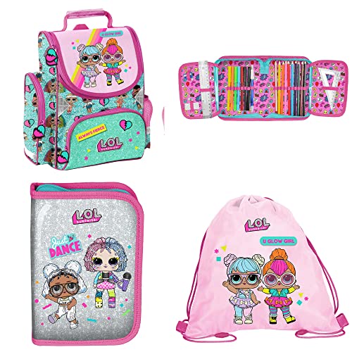LOL Schulranzen Mädchen 1 Klasse Tornister Schulrucksack Set 3 TLG. L.O.L. für Grundschule ergonomisch und anatomisch/inkl. Federmäppchen (gefüllt) und Sportbeutel