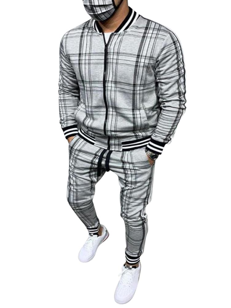 Conjuntos de Hombres de Manga Larga con Cuello de Pie y Estampado a Cuadros Cremallera Chaqueta y Pantalones Juego de 2 Piezas Confort Chándal Sets con Bolsillos Traje de Ocio Deporte