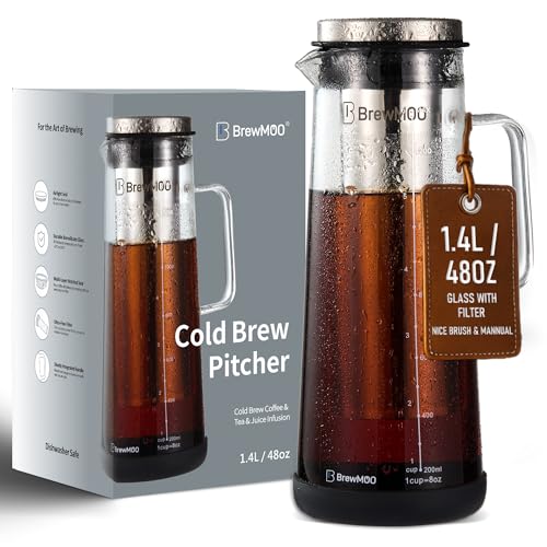 BrewMOO- Airtight Cold Brew Coffee Maker Pitcher, 1.4L/48Oz Thick Glass Carafe with Filter, Comfort Sturdy Handle & Wide Spout, Non-Slip Base | Iced Tea Maker (Black)