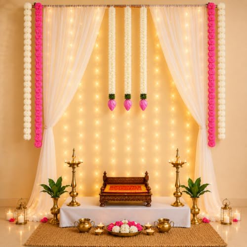 Image of SpecialYou Ganpati Decoration Setup for Home Decor With Pink Back drop Curtain for Decoration & Lotus Bud Wall Hanging Decoration, Wall Decor Items for Living Room- 13Pcs