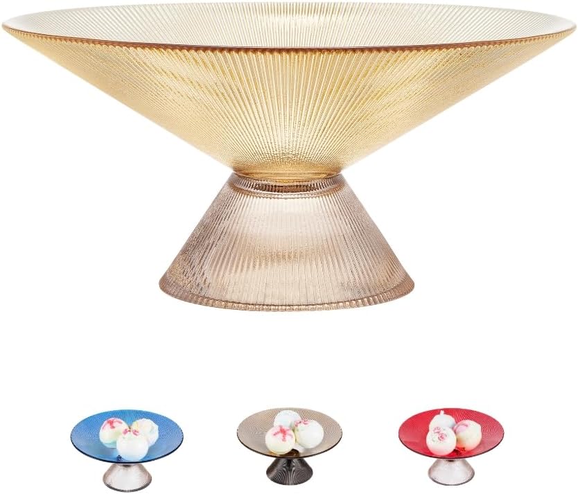 Fruit Bowl – 10” Yellow Decorative Bowl with Ripple and Pedestal – Purse bowl, Decorative Bowls for Home Décor, Glass Fruit bowl, Candy bowl, Centerpiece, Decorative Glass Bowl Yellow Gold