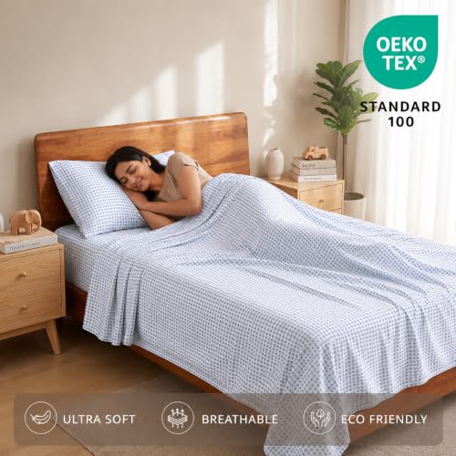 Image of LANE LINEN 100% Organic Cotton Bedsheet for Single Bed - Polka Dot Blue | GOTS Certified, Percale Weave, 60x90 inches, Soft & Breathable, Machine Washable, Includes 1 Pillow Cover
