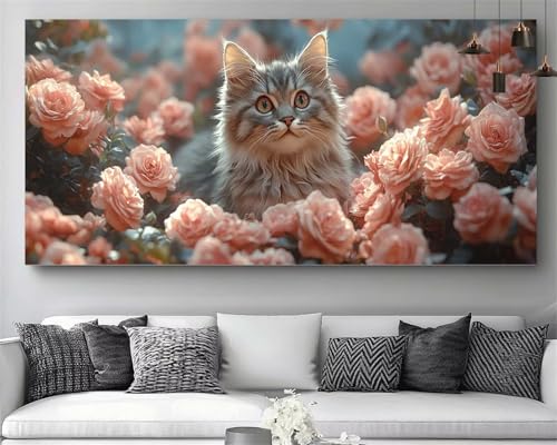 Chat Diamond Painting Peony Fleur XXL : kit complet broderie diamant 5D pour activité manuelle