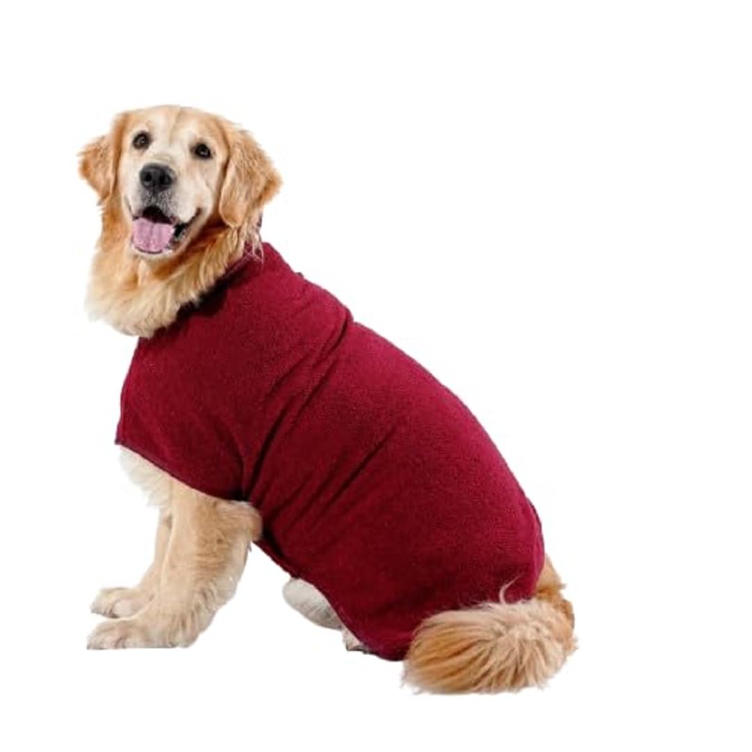 Pet Bathrobe Dogs Bath Towel Lightweight Microfibre High Absorbant Fabric Soft & Warm Complete Fur Coverage Body Hugging Fit & Headcover (Maroon, XXL)-image-17