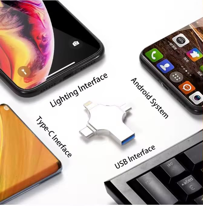 Image of 1TB 4-in-1 USB Flash Drive, Silver, Compatible with iPhone, USB-C, Micro USB and USB 3.0