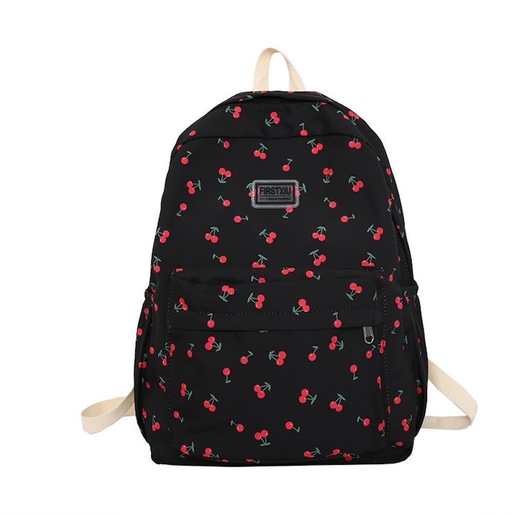 JHTPSLR Preppy Backpack Kawaii Cherry Backpack Cottagecore Aesthetic Backpack Cute Cherry Book Bags Waterproof Casual Daypack (Black)
