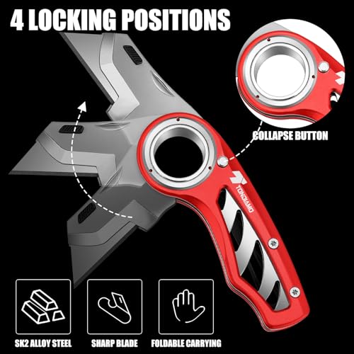 Image of Tondiamo 4 Pcs Folding Pocket Utility Knife Heavy Duty Box Cutter Folding Razor Knife with Anti Slip Finger Loop Easy Change Blades 3 Lock Positions Design (Yellow,Red,Green,Blue)