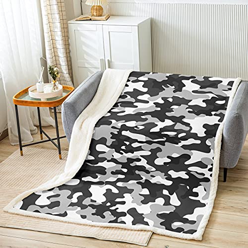 Army Camouflage Blanket, Black and Gray Tie Dye Decor Throw Blanket Boys Abstract Graffiti Art Camo Design Sherpa Throw Blanket, for Adult Teens Kids Grey Military Style Bed Blanket, 40"x50"