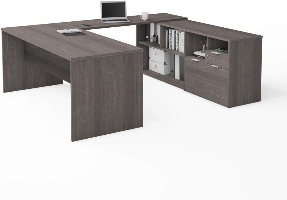 Bestar i3 Plus U-Shaped Executive Desk, 72W, Bark Grey