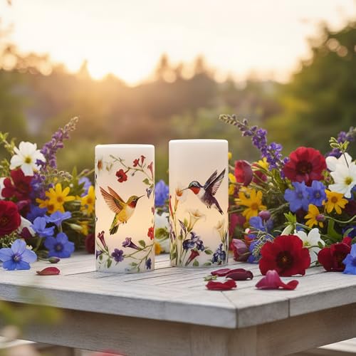 Image of Flameless Candles with Remote Timer, Hummingbird Floral LED Pillar Candles in Real Wax Holder, Battery Operated Candle for Easter Spring Decorations(2 Pack, 3 inch x 6 inch)