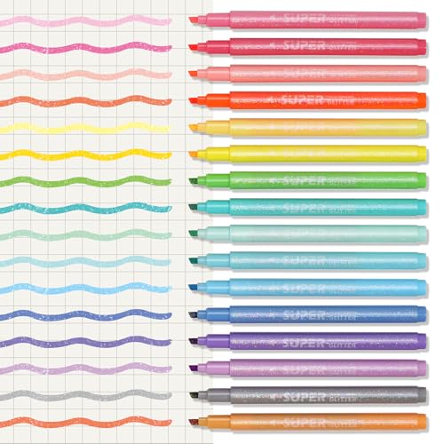 Glitter Highlighter Markers, 16-Count, Chisel Tip Glitter Highlighters Assorted Colors, Tween Teen Girl Gifts Trendy Stuff, Sparkly Marker Pens for Kids Adult Coloring Journaling Art Supplies