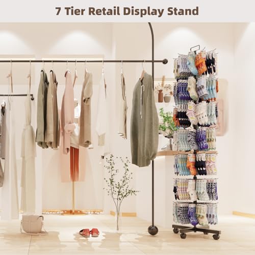 Image of Retail Display Racks 7 Tier Spinning Display Stand, Movable Shop Spinner Rack with Hooks, Retail Display Stand for Jewelry Keyring Hats Socks Toys (Black)