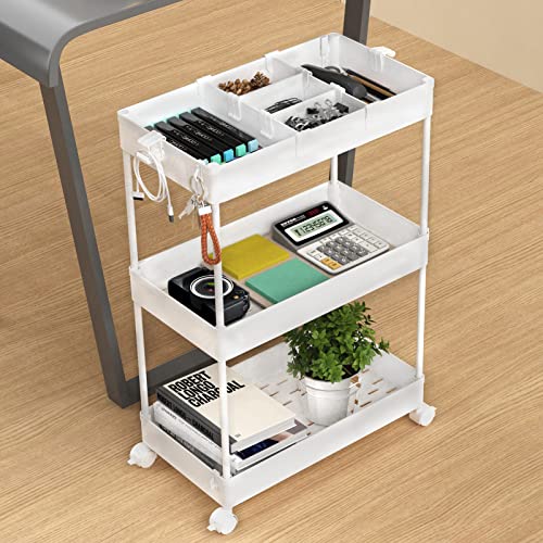 Image of SPACELEAD 3 Tier Rolling Cart with Wheels, Storage Craft Art Trolley Organizer Serving, 3 Hanging Baskets Easy Assembly, for Office, Bathroom,Living Room, Kitchen, White