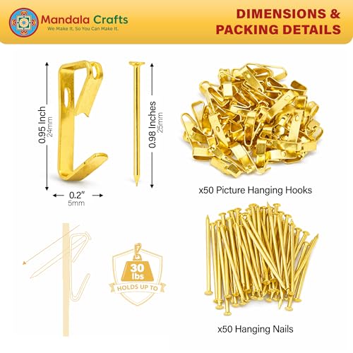 Image of Mandala Crafts Heavy Duty Pictures Hooks Kit for Mounting Art, Mirrors, Clocks Up to 30 lbs - 100 Gold Pictures Hangers with Hanging Nails for Hanging Paintings on Drywall, Plaster, Wood Walls
