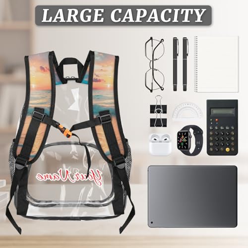 Personalized Small Clear Backpack Stadium Approved Heavy Duty PVC Plastic Custom Transparent Backpacks See Through Bag with Name, Ocean Beach Sunrise Sunset3