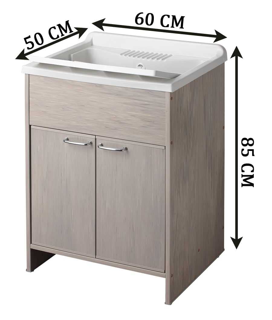 Negrari Lavatoio in Resina PVC, Vasca resistente agli acidi di uso comune, Resistente all'umidità, Kit di scarico incluso, Interno e Esterno, L50 x P60 x H84, Colore Rovere