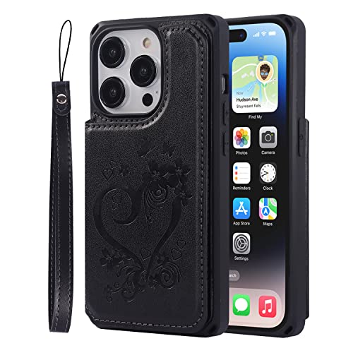 Image of Cavor for iPhone 14 Pro Case with Card Holder,for iPhone 14 Pro Wallet Case for Women Men,Phone Case for iPhone 14 pro with Stand Credit Card Holder, Leather Strap Shockproof Cover- Black