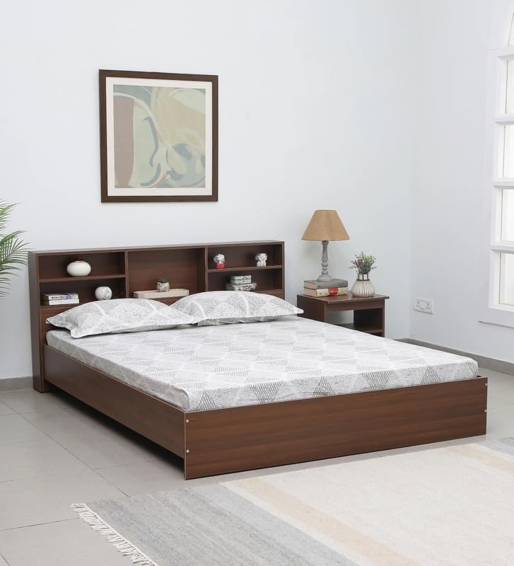 Image of Mintwud Pepperfry Engineered Wood Seto King Size Bed Without Storage and Open Shelves | Wooden Double Bed Cot Palang Furniture for Living Room Bedroom and Hotels (Planked Walnut Finish)