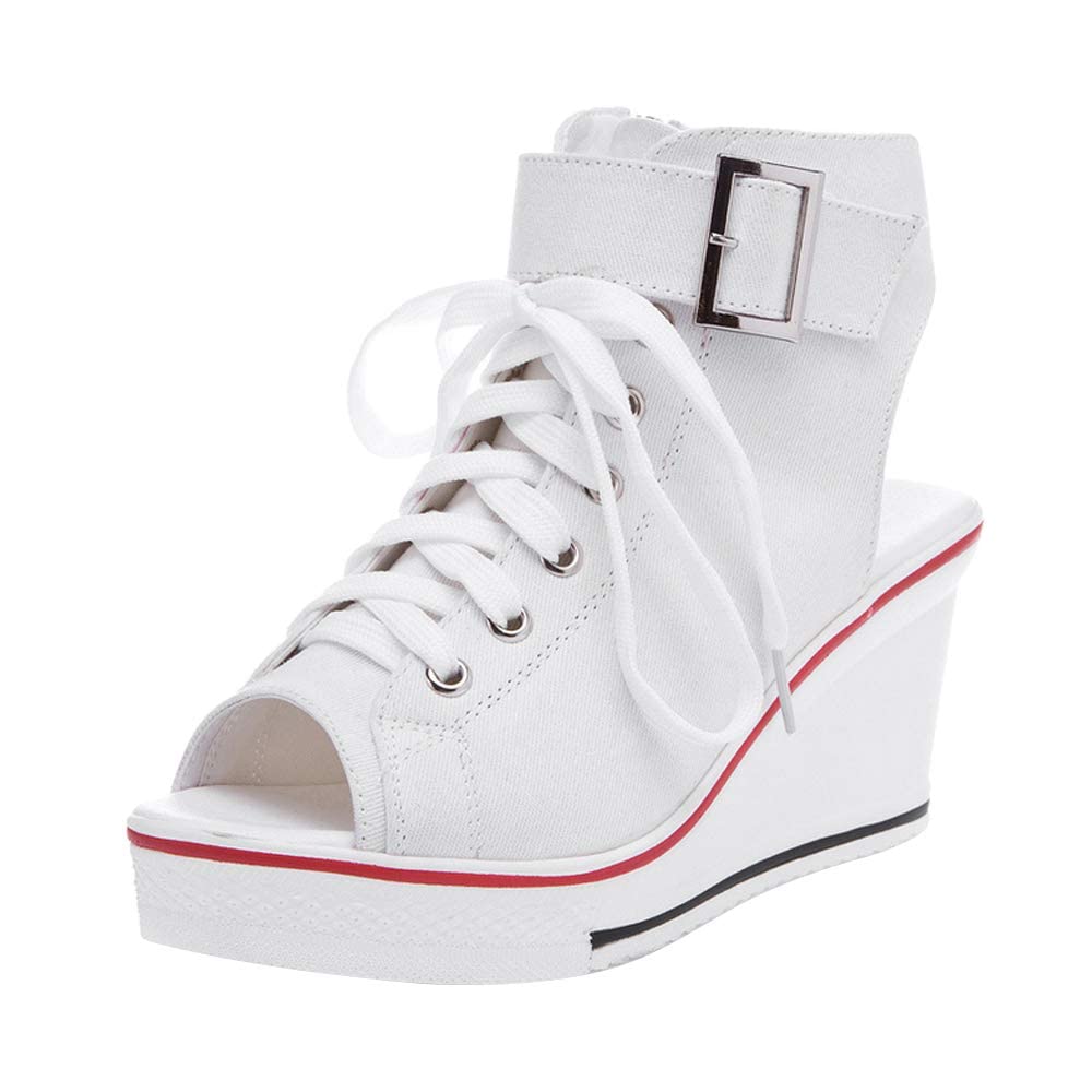 Women's Peep Toe Wedge Sneakers Canvas Platform Shoes Side Zipper Lace up Buckle Fashion Sneakers Walking Shoes