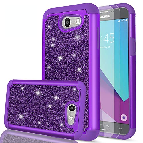 LeYi PC Silicone Glitter Case with Tempered Glass Screen Protector for Samsung J3 Prime/ J3 Emerge/Express Prime 2/ Amp Prime 2/ J3 Mission/ J3 Eclipse/ J3 Luna Pro/Sol 2/ J3 2017 TP Purple