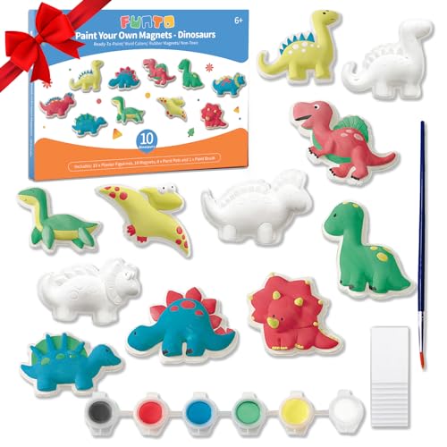 Funto Dinosaur Painting Kit for Kids, Paint Your Own Figurines with Magnet, 27 PCS Arts and Crafts Set, Ceramics to Paint, STEAM Projects Creative Activity DIY Toys Gift for Boys & Girls Age 3+