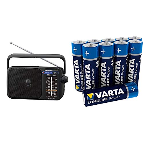 Panasonic RF-2400DEG-K Tragbares Radio mit Griff, Netz- oder Batteriebetrieb schwarz & VARTA Longlife Power AA Mignon LR6 Batterie (10er Pack)...