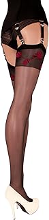 Medias con rosas rojas, acabado mate, patas transparentes, diseño elegante y exclusivo, talla S a L, color negro, diseñadas para ser usadas con un liguero