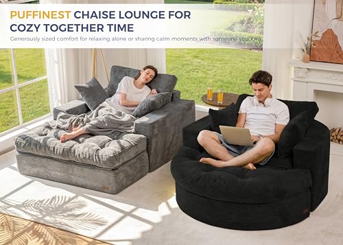 Image of MAXYOYO Modular Sectional Chaise Lounge Sofa, 2 Sets Upholstered Lounge Chair with Ottoman, Comfy Round+ Square Couch with Layered Cushion, Tufted Sleeper Chair for Living Room, No Assembly, Black
