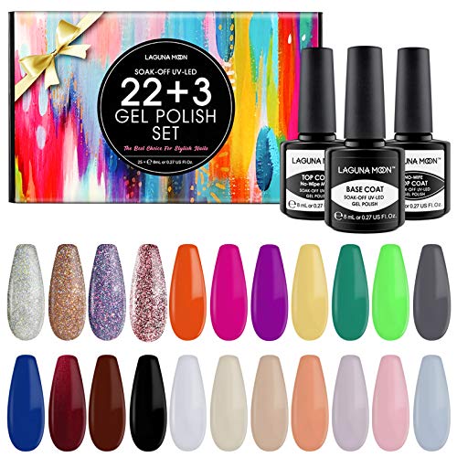 Lagunamoon Gel Nail Polish 25Pcs Soak Off Gel Nail Polish Kit with Gel Base Coat and No Wipe Glossy & Matte Top Coat Popular Gel Nail Colors Starter Kit for Home Party Manicure Nail Salon Nail Art