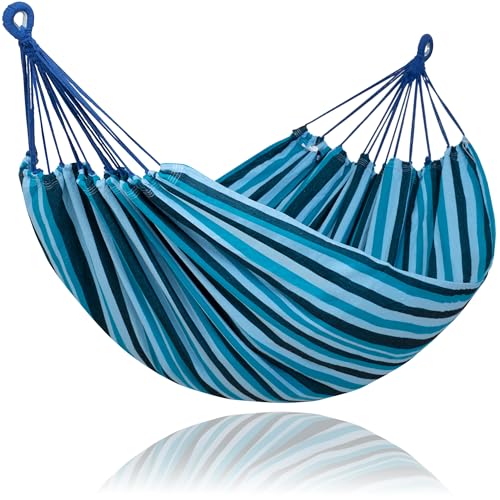 Image of SUNCREAT Hammocks Outdoor Camping Double Hammock, Extra Large 2 Person Hammock for Camping, Blue Stripes