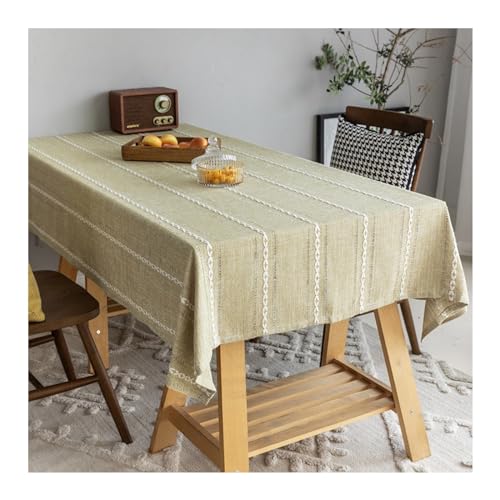 Nappe 135x180 polyester rayée beige jaune protège-table rectangulaire anti-tache imperméable cuisine