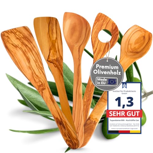 TOPANBIETER 999 5-tlg. Premium Kochlöffelset-Made in EU 3 Kochlöffel + 2 Pfannenwender aus Olivenholz langlebig & antibakteriell Küchenhelfer-Set H 30/32 cm