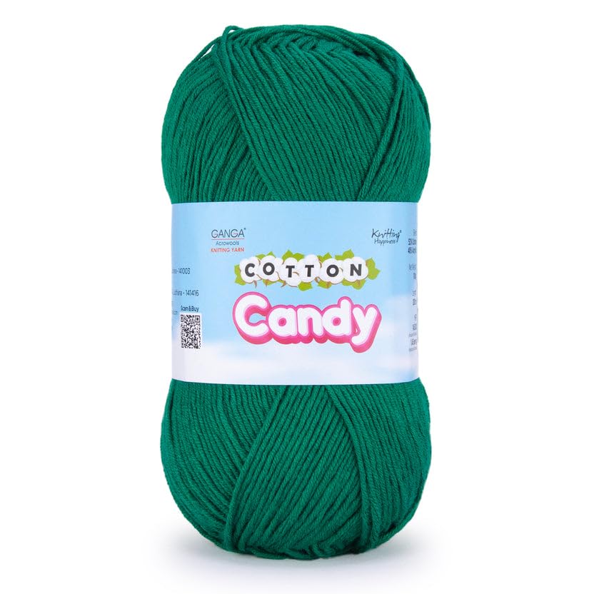 Image of Ganga Acrowools Cotton Candy Yarn - Soft Premium Cotton Blend Wool for Knitting & Crochet | Lightweight, Smooth Texture, Pastel Shades, 100gm Ball (CCY020 -Dark Green)