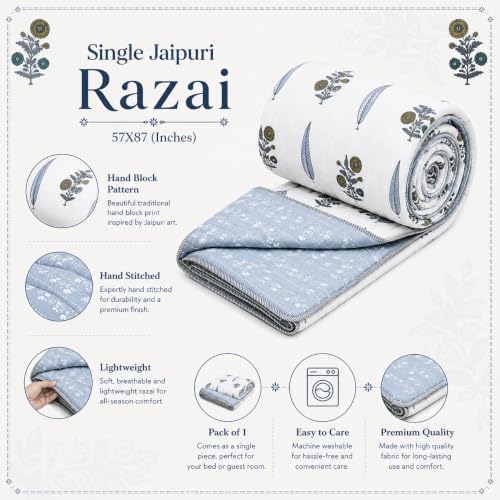 Image of RRC Single Bed Jaipuri Quilt | White & Green Floral Print Cotton Rajai | 200 GSM Lightweight AC Quilt | Soft Breathable Summer Comforter | Pack of 1