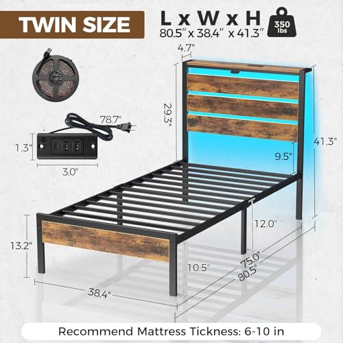 Image of Rolanstar Bed Frame Twin Size with USB Charging Station, LED Bed Frame with Wood Storage Headboard, Rustic Brown Metal Platform Bed with Under Bed Storage, No Box Spring Needed, Noise Free