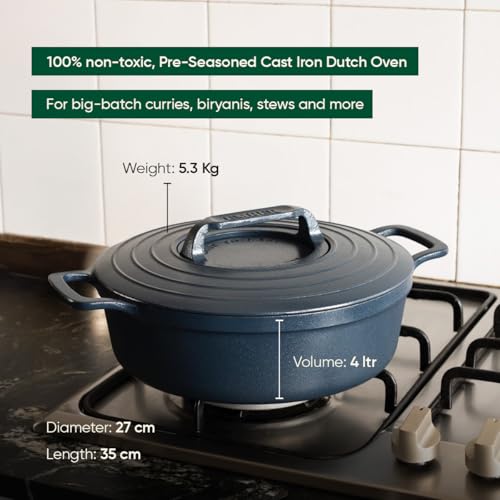 Image of Ember Cookware Pre-Seasoned Cast Iron Casserole 26 cm | Induction Cookware | 10-Year Warranty | Cast Iron Kadhai | Dutch Oven | Biryani Pot Heavy Bottom | PFAS & PFOA Free | Cooking Pot | Blue