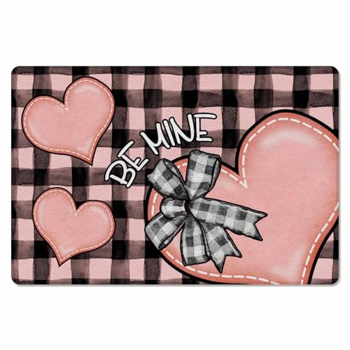 Valentine's Day Kitchen Bath Door Mat Cushioned Runner Rug,Washable Welcome Floor Sink Antifatigue Mat,Waterproof & Non-Slip Comfort Standing Doormat,Pink Love Retro Buffalo Plaid Black 24