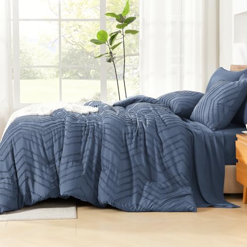 Image of Litanika Queen Size Comforter Set with Sheets Ocean Blue - 7 Pieces Bed in a Bag Queen Chevron Tufted Complete Bedding Sets with Comforter, Sheets, Pillowcases & Shams