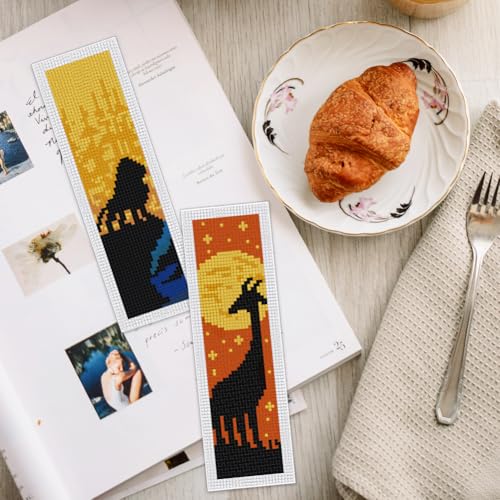 Image of INFUNLY 6pcs Animal Silhouettes DIY Cross Stitch Bookmark Starter Kits with Instruction 2.4''x7.9'' Lion Giraffe Stamped Embroidery Bookmark Kit Moon Branches Embroidery Bookmark Set for Book Lovers