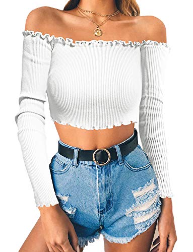PRETTODAY Women's Sexy Off Shoulder Crop Tops 10 Colors Summer Long Sleeves Casual Slim Tees White Small