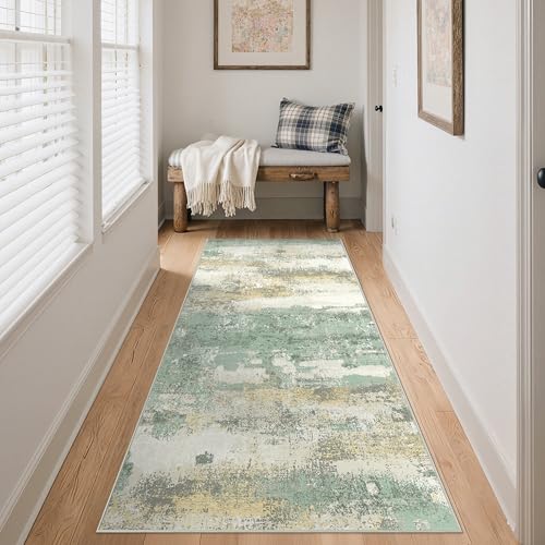 BEIMO Runner Rugs for Hallway 80x150cm, Non-Slip Extra Long Washable Runner Rugs Soft Low Pile, Modern Abstract Rug Carpet Runners for Entryway Kitchen Bedside Laundry Room, Green