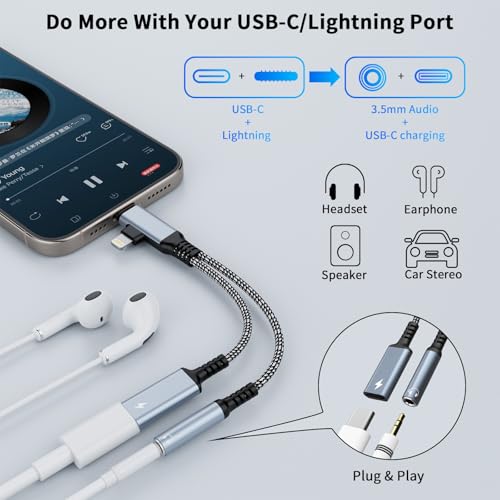 MTAKYI 2 en 2 Lightning USBC a 3,5 mm Auriculares y Adaptador de Carga, [Certificado MFi] USB C a AUX Audio Jack con PD 60 W Carga rápida dongle, Adaptador de Auriculares para iPhone 16/15 14/13 - imagen 2