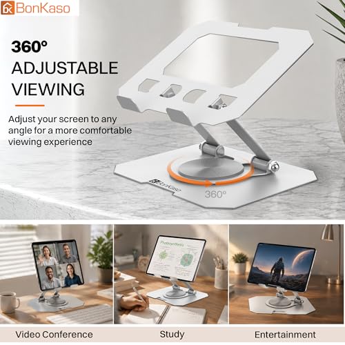 Image of BonKaso 360 Rotating Aluminium Tablet Stand, Multi-Angle Adjustable Holder with Anti-Slip Base, Compatible with iPad Pro /Air /Mini, Samsung Galaxy Tab & All Tablets - Silver