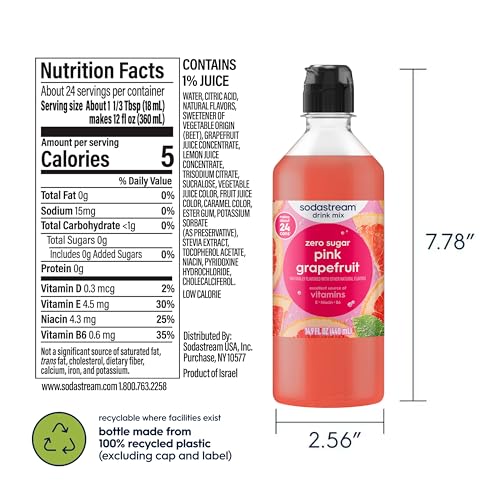 Image of Sodastream Pink Grapefruit Zero Calorie, New Pour Bottle 14.9 Fl Oz (Pack of 4)